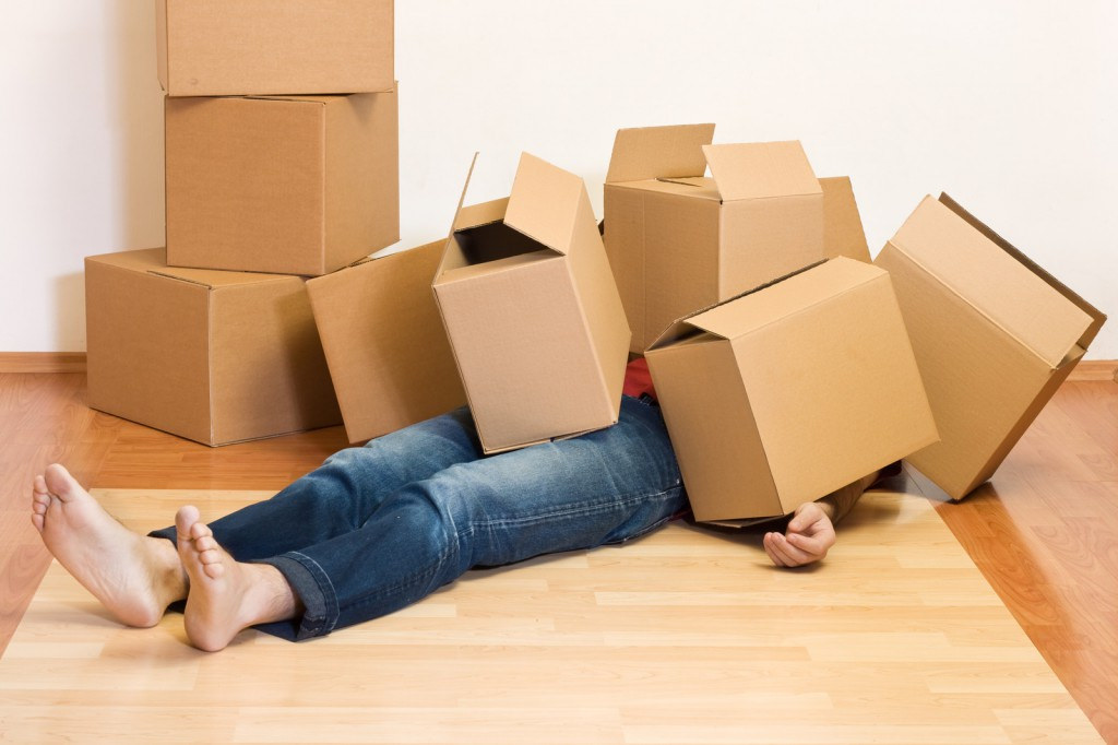 Man laying down covered with moving boxes