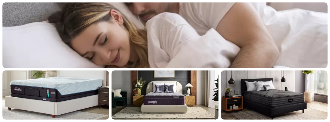 Collage of mattresses and a couple sleeping